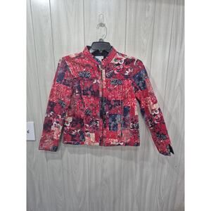 Woman’s Quilted Full Zip Mandarin Collar Casual Jacket M Red Festival Boho Artsy